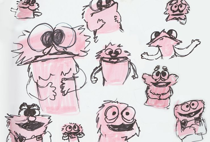 pink sketches of puppets